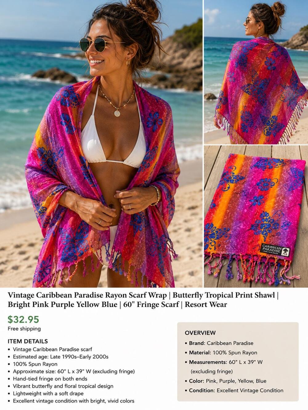 Vintage Caribbean Paradise Rayon Scarf Wrap | 60" Fringe Scarf